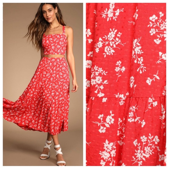 Lulus set! Seasonal Blooms Red Floral Print Top midi skirt 22526 22527 - Picture 1 of 16